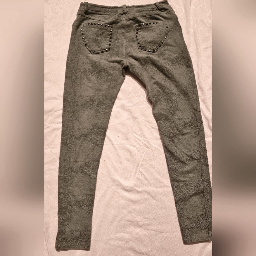 Thicker than leggings stretchy material almost jean-like black and gray